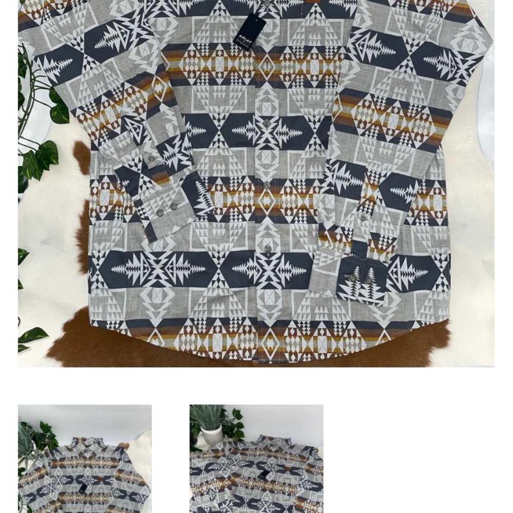 NWT Ariat Gray and Brown Casual Button Down Shirt with Geometric Pattern - Picture 6 of 12